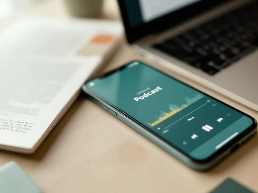 Smartphone playing a podcast episode next to a laptop with an article draft