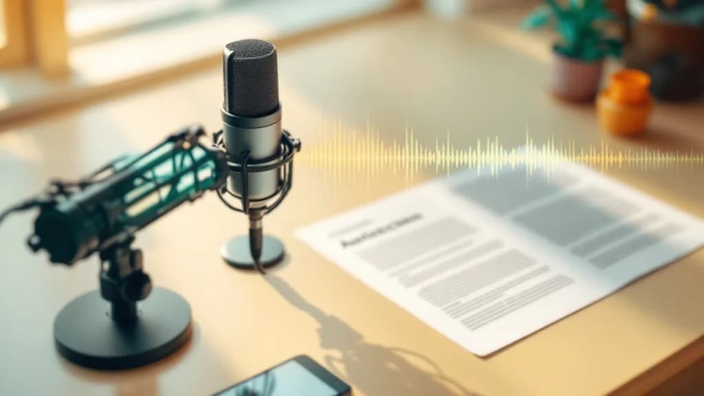 Podcast microphone next to a printed article draft, connected by an audio waveform