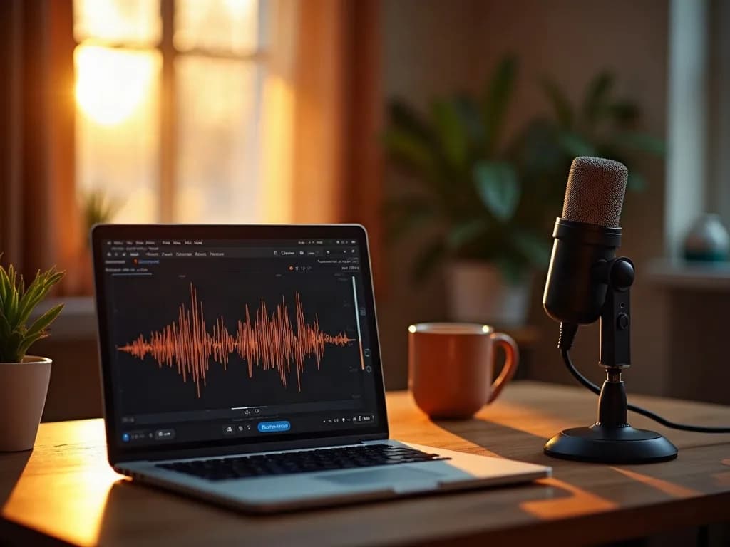 Podcast microphone on a desk with a visible audio waveform