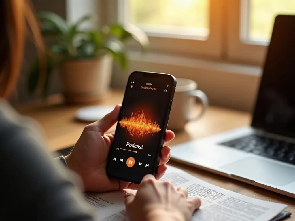 Smartphone in hand playing a podcast episode in the player