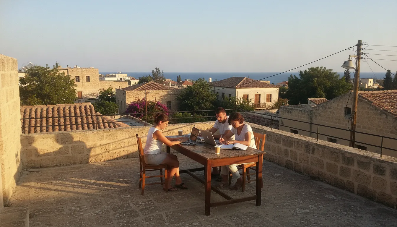 Bright Mediterranean office with a sea view and a laptop, evoking a Cyprus digital agency