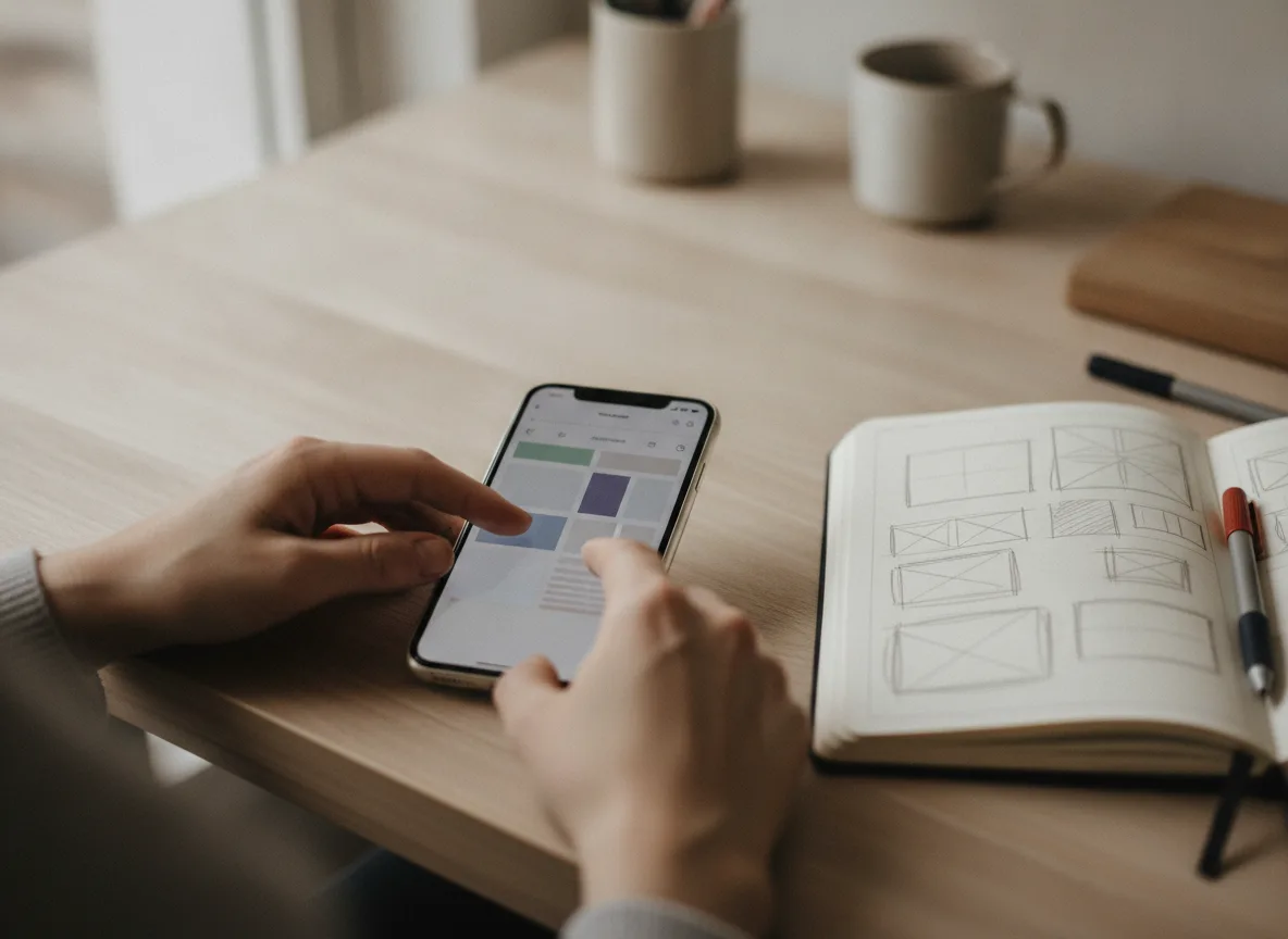 Mobile website wireframe sketchbook and smartphone on marble desk