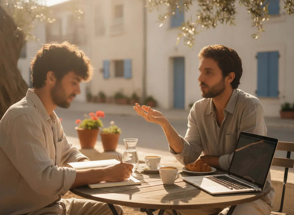 Two people having an honest agency briefing meeting at outdoor cafe