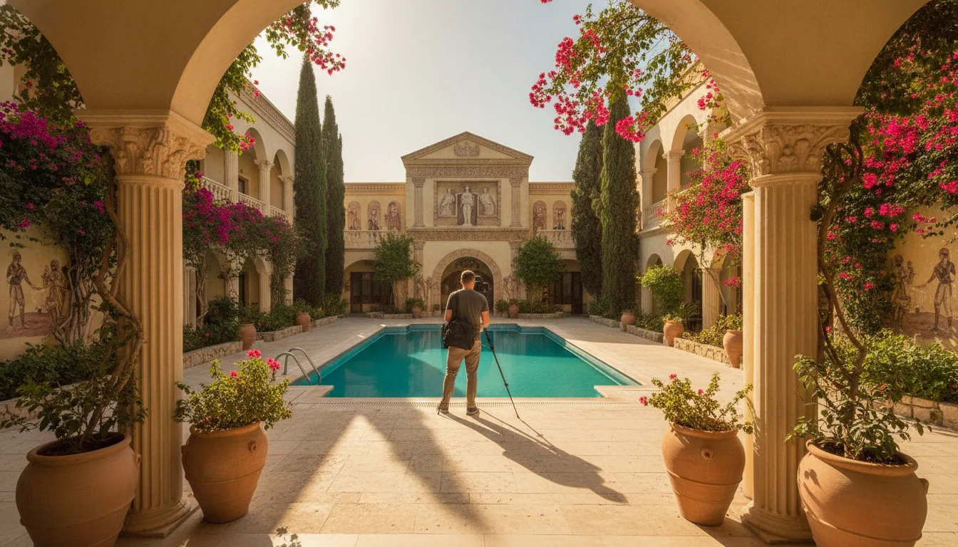 Fotograf richtet Kamera für Hotel-360-Grad-Virtual-Tour in einem sonnendurchfluteten zyprischen Innenhof ein