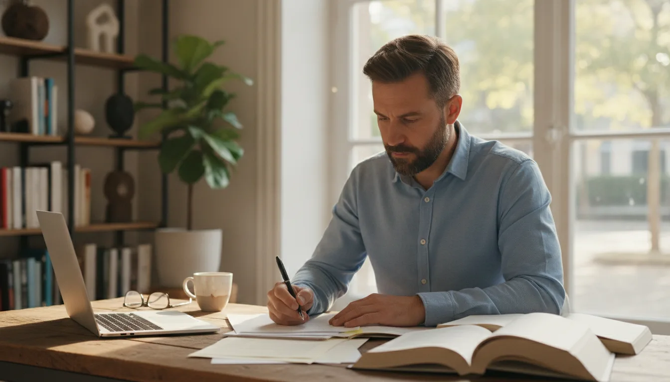 Professional reviewing notes at desk, illustrating how long does SEO take