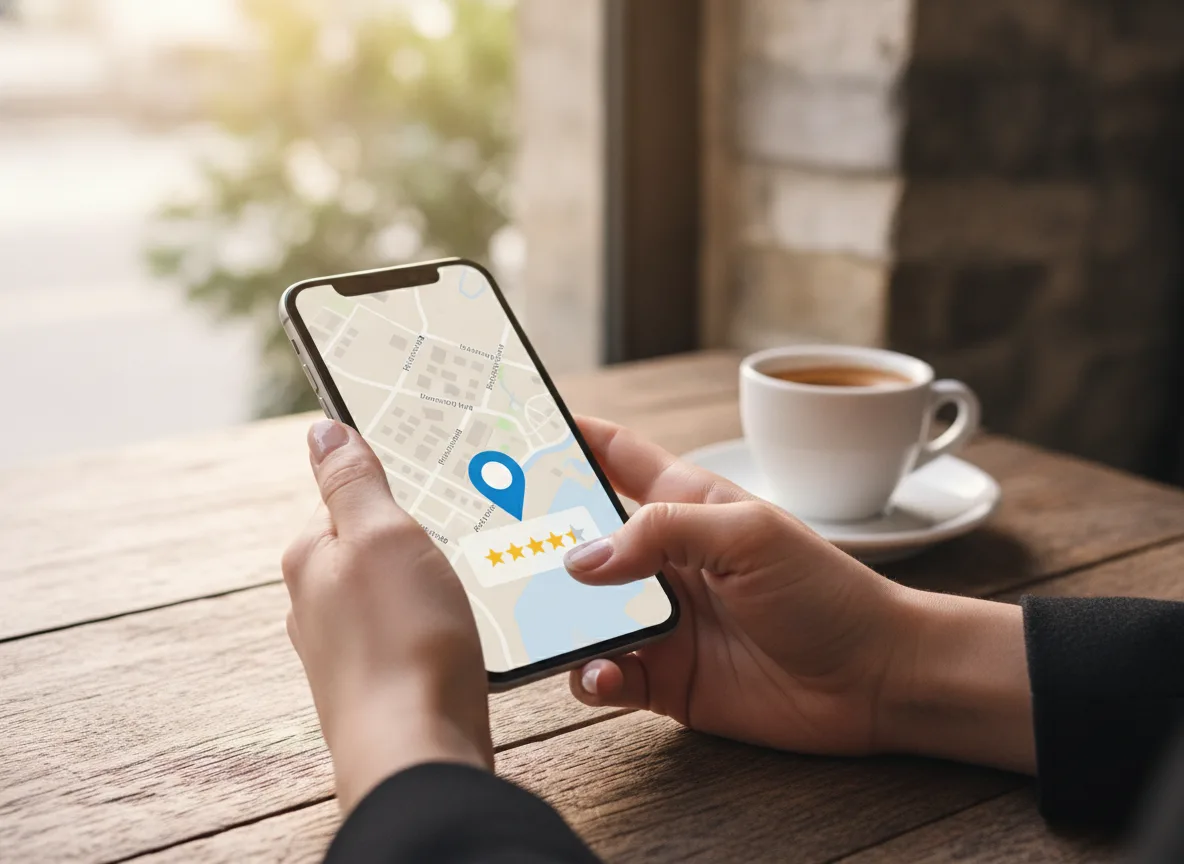 Hands holding a phone showing a Google Maps business profile listing