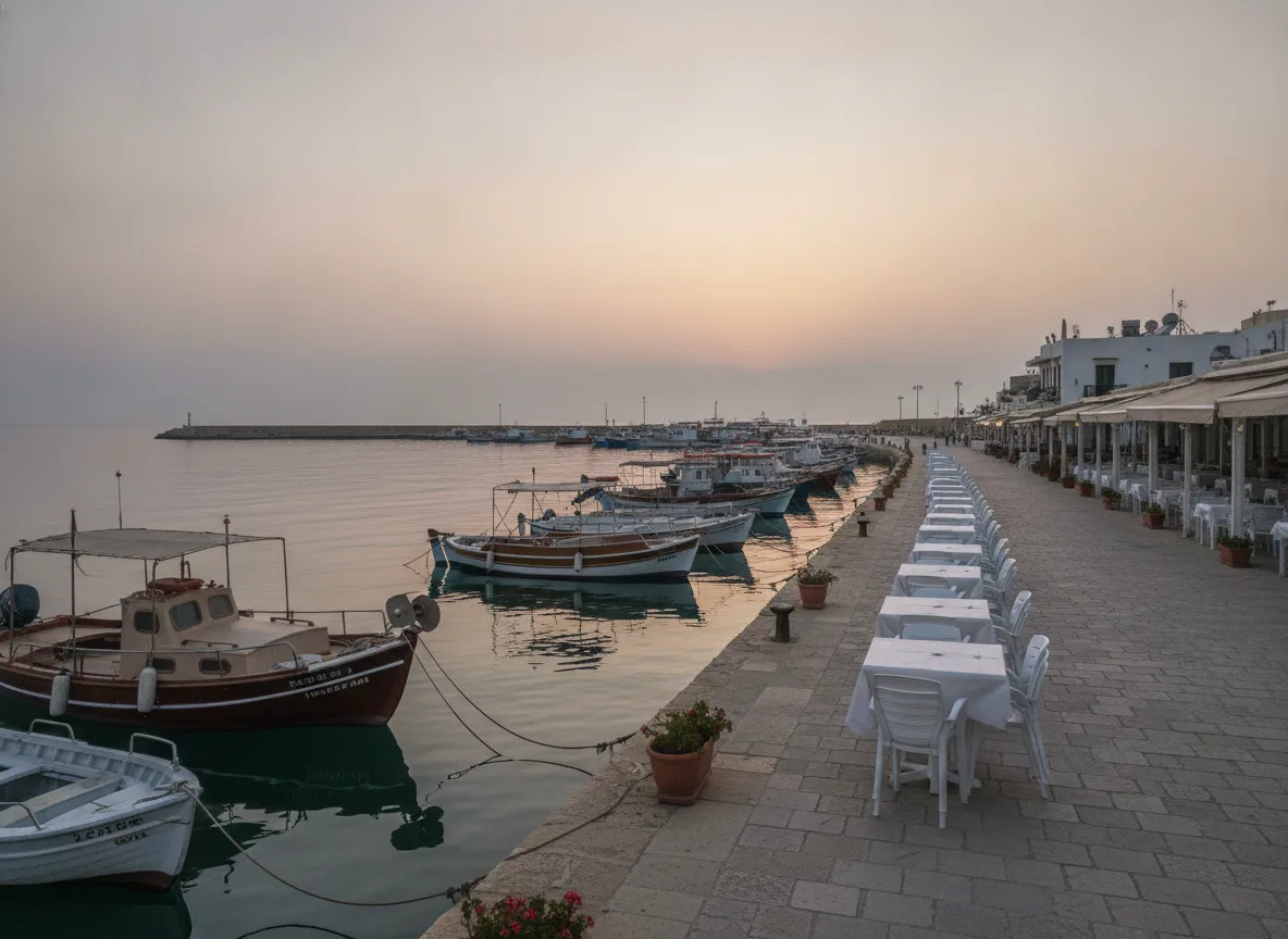 Empty Cyprus harbour terrace in off-season quiet morning light