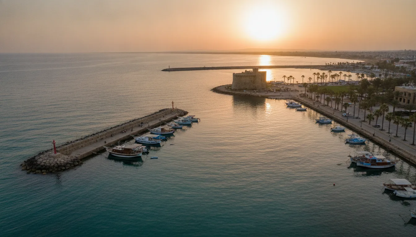 Hafen von Paphos bei Sonnenuntergang als Sinnbild für lokale Marketing-Strategie in Paphos