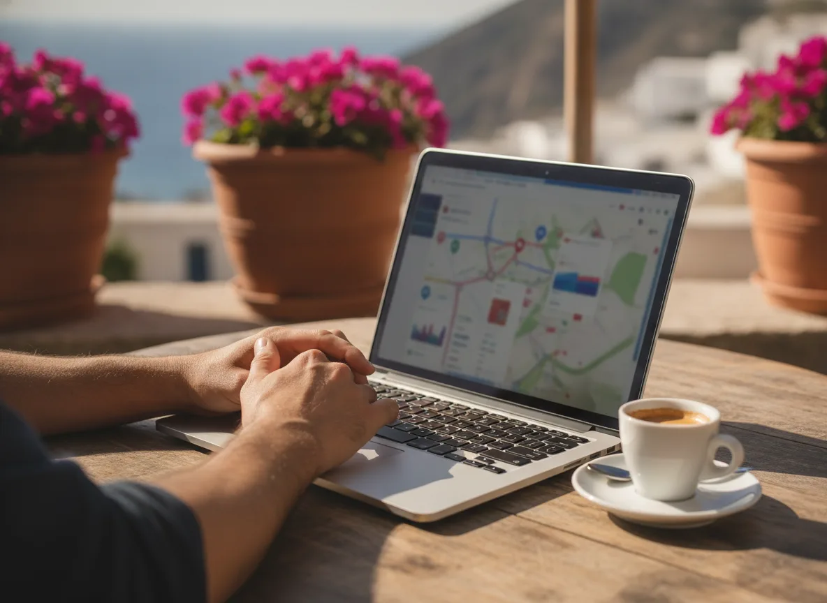 Laptop und Kaffee auf einem Tisch im Freien bei der Recherche lokaler digitaler Kanäle
