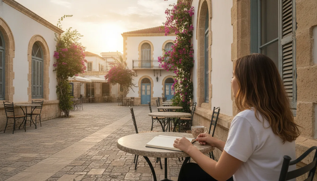 Small business owner at Cyprus cafe considering SEO Cyprus strategy