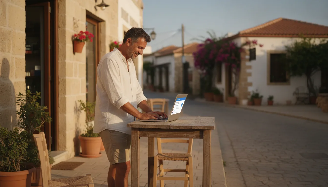 Small business owner in Cyprus reviewing SEO results on a laptop