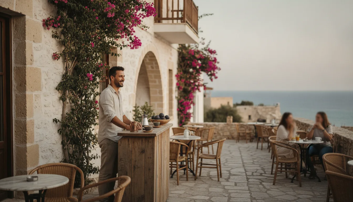 Small business owner on sunny Cyprus terrace illustrating SEO for small businesses in Cyprus