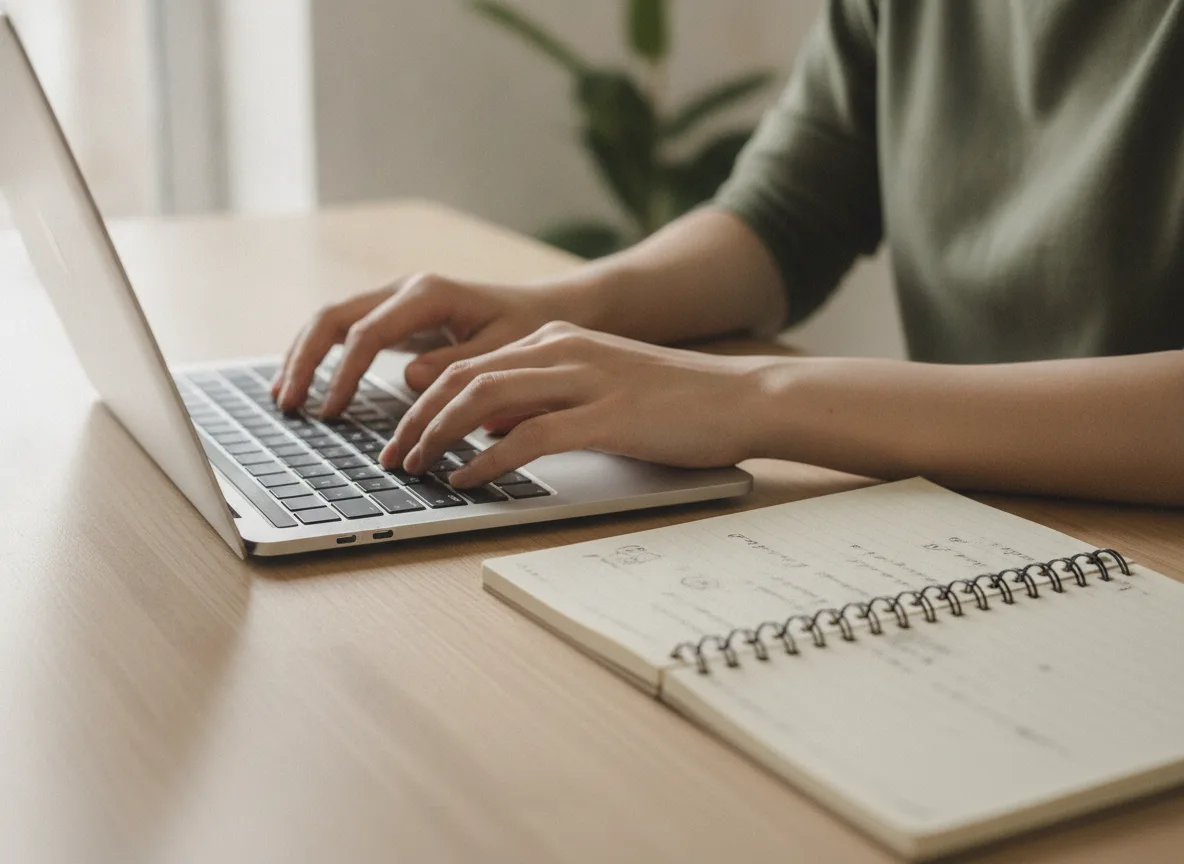 Hands typing on a laptop next to an open notebook with notes