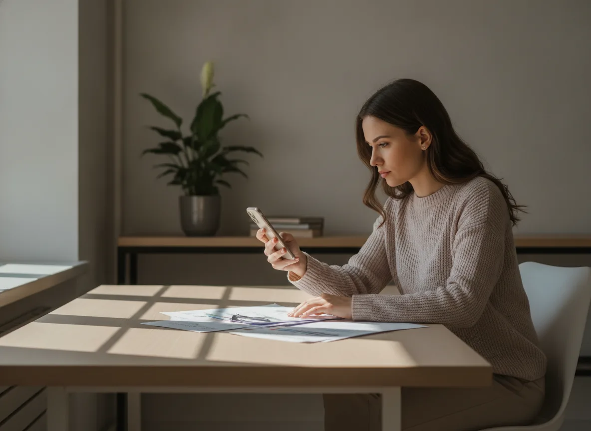 Kleinunternehmer überprüft SEO-Budgetnotizen und Smartphone am Schreibtisch