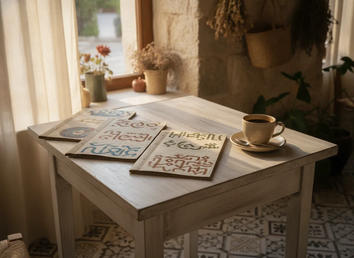 Multilingual menus on a cafe table in a Cypriot setting