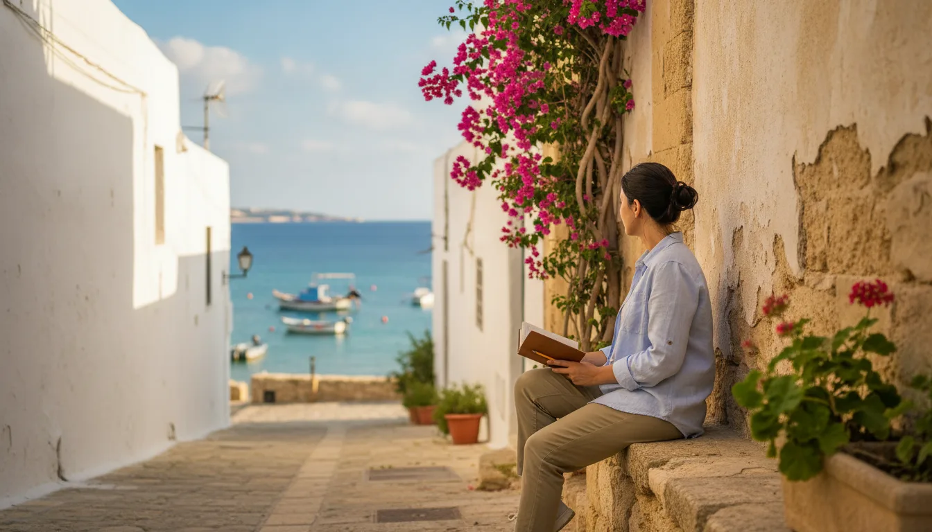 Social-Media-Marketing-Experte aus Zypern mit Blick auf eine sonnige Küstengasse in Limassol