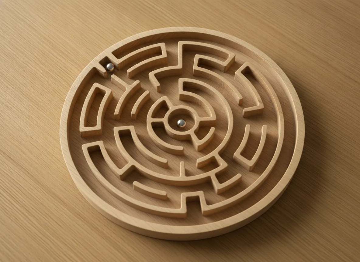 Hölzernes Labyrinthpuzzle, das Crawl-Pfade und das Konzept der Website-Indexierbarkeit zeigt