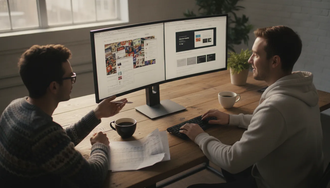 Designer reviewing website redesign SEO migration plan on desktop monitor