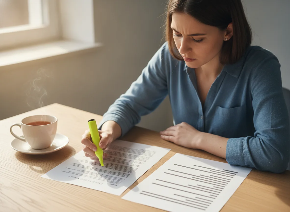 Person comparing two content documents to check text parity before relaunch