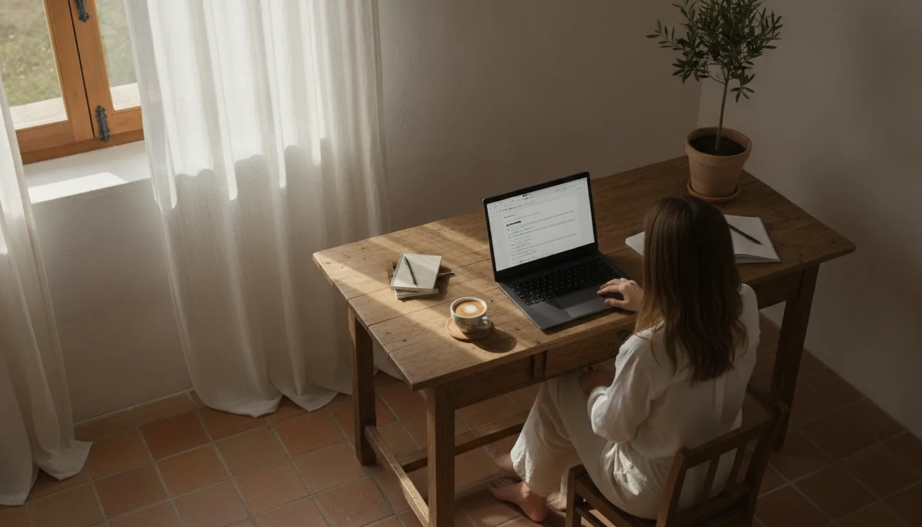 Person running a website visibility audit on a laptop at a sunlit desk