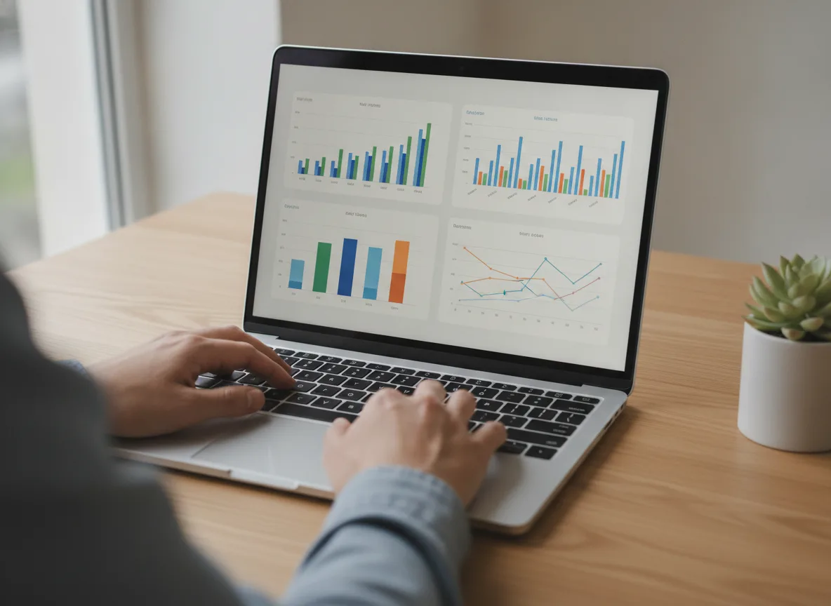 Laptop showing an analytics dashboard with bar charts and line graphs