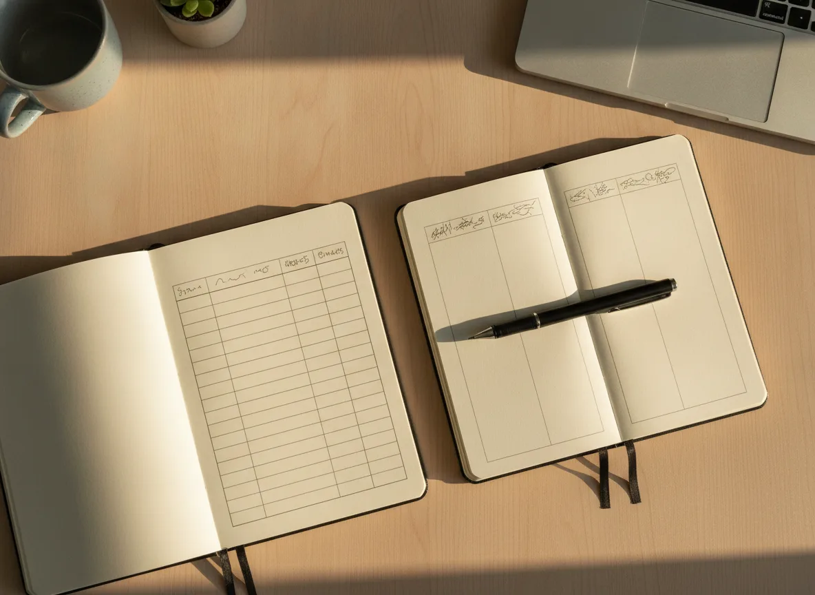 Desk with open notebooks showing comparison tables and a pen