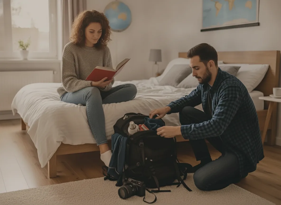 Two friends unpacking bags beside a double bed in a bright apartment bedroom