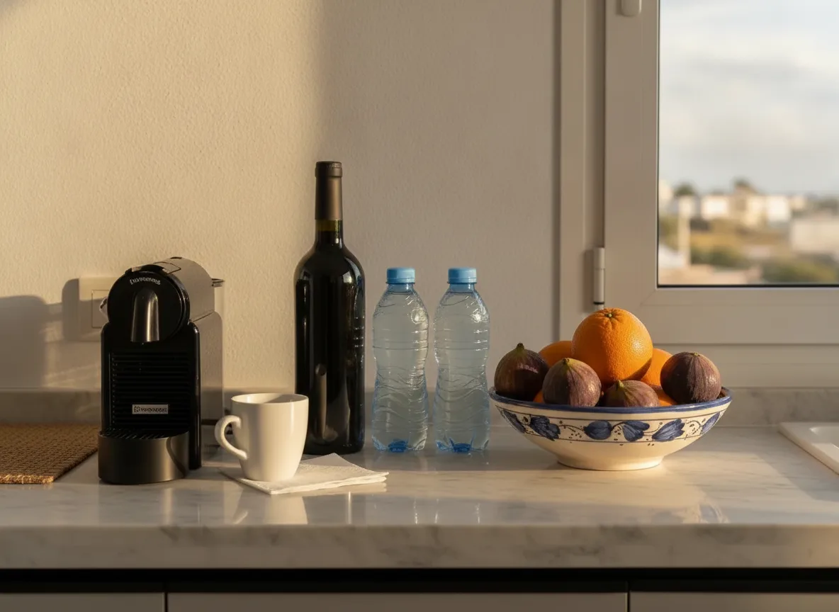 Welcome supplies on apartment kitchen counter including wine, fresh fruit and coffee