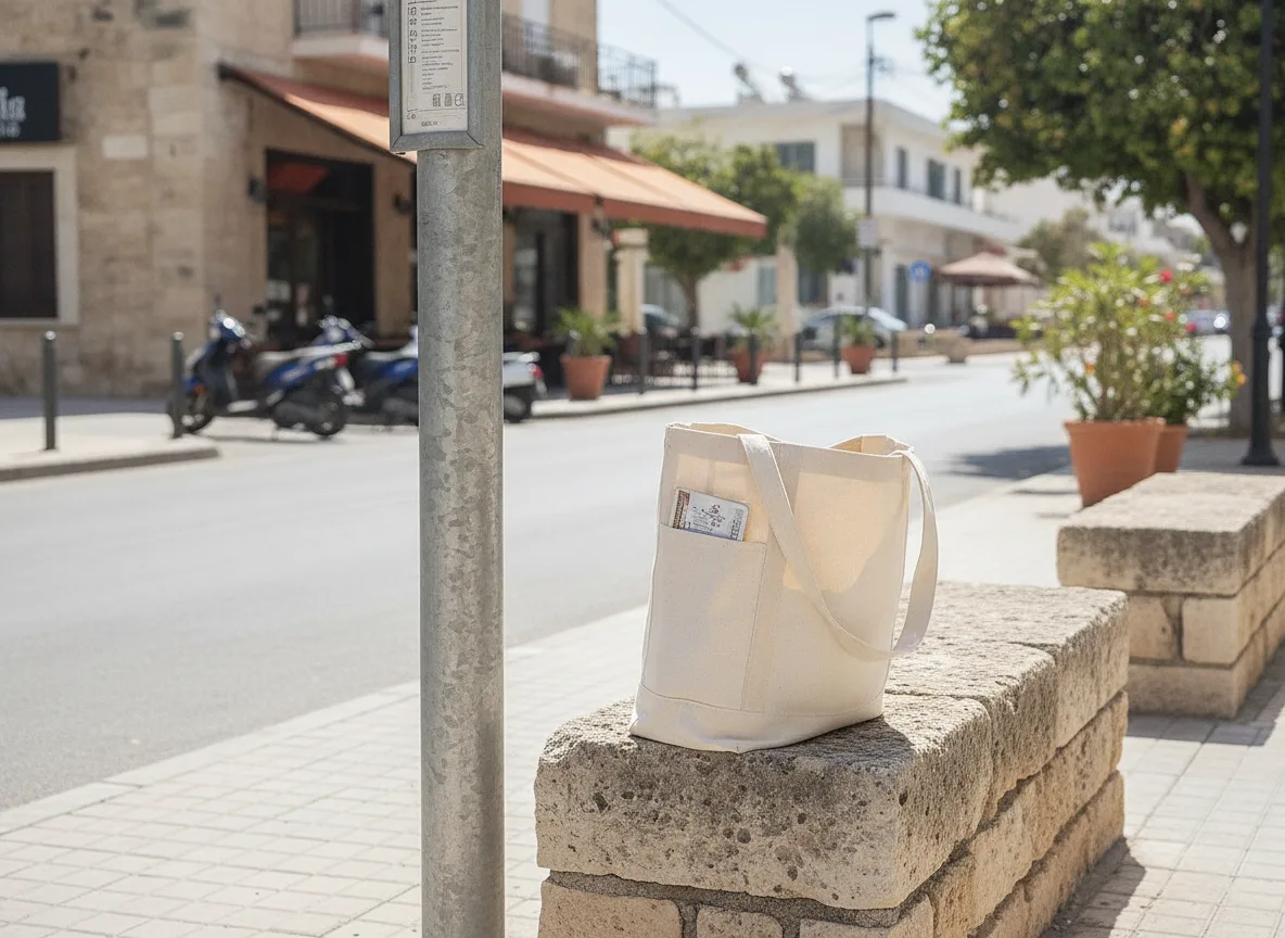 Bus stop and transit card on a sunny Kato Paphos street