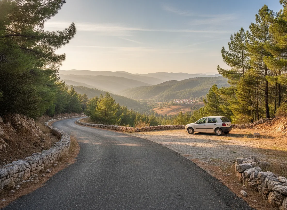 Small hire car parked on a quiet Troodos mountain road at sunrise