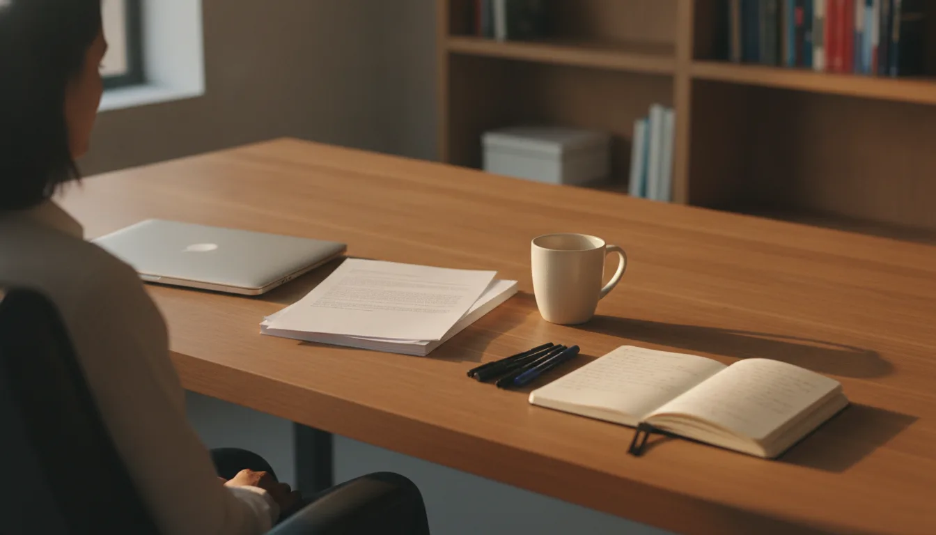 Writer using AI blog tools reviews notes at a warm editorial desk