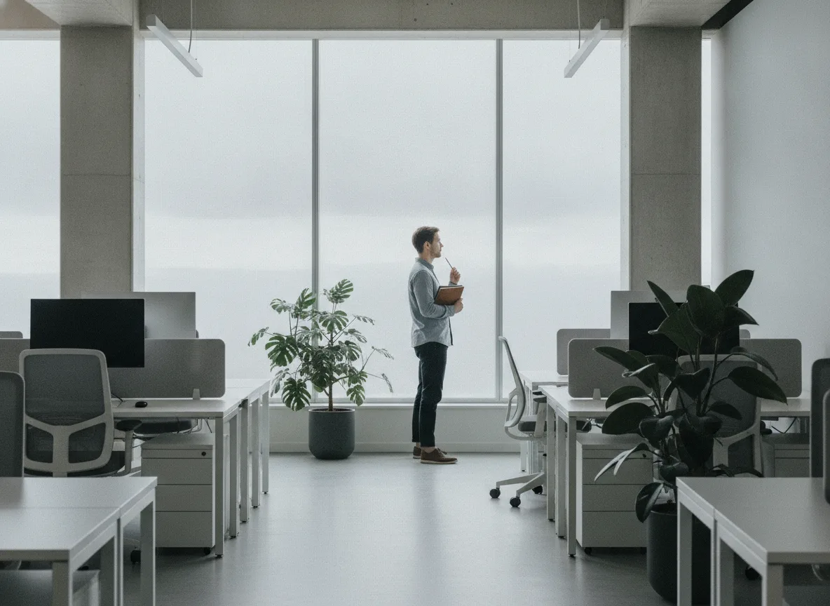 Person in a quiet office pausing to think with a notebook