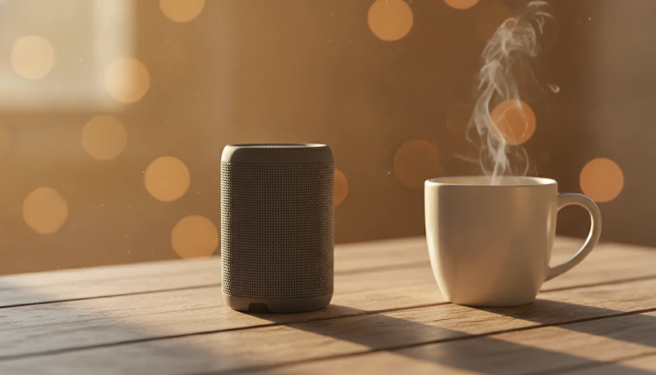 Portable speaker on wooden desk illustrating audio player demo setup