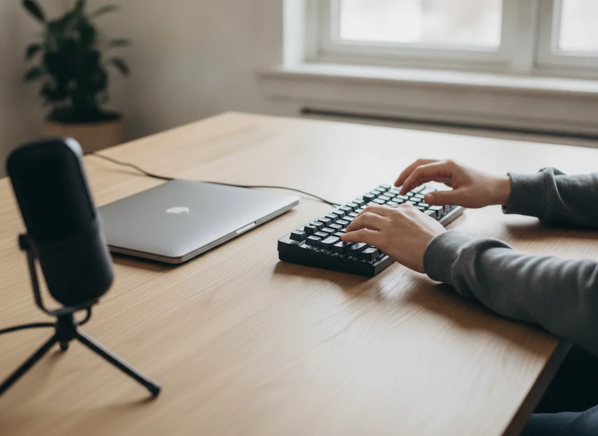 Hands above keyboard on desk while adding audio block in blog editor