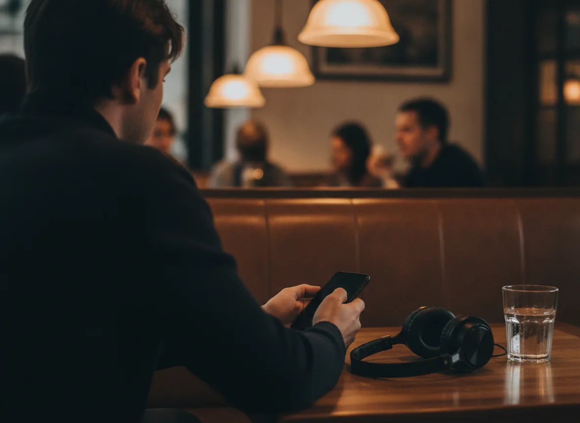 Person in cafe with headphones and face-down phone exploring mobile audio playback