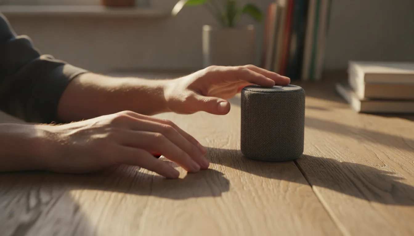hands hovering over speaker during audio player test setup