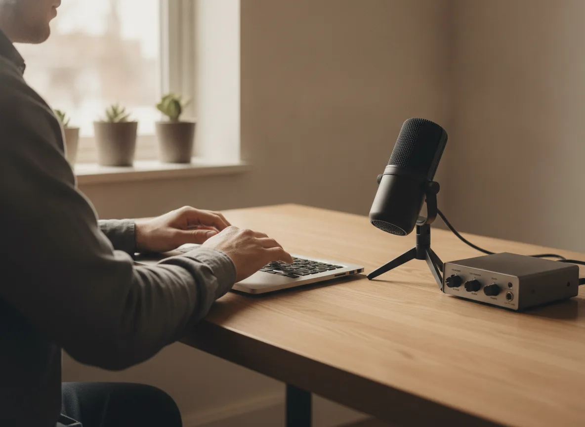 USB microphone and audio interface on a desk for WordPress audio setup