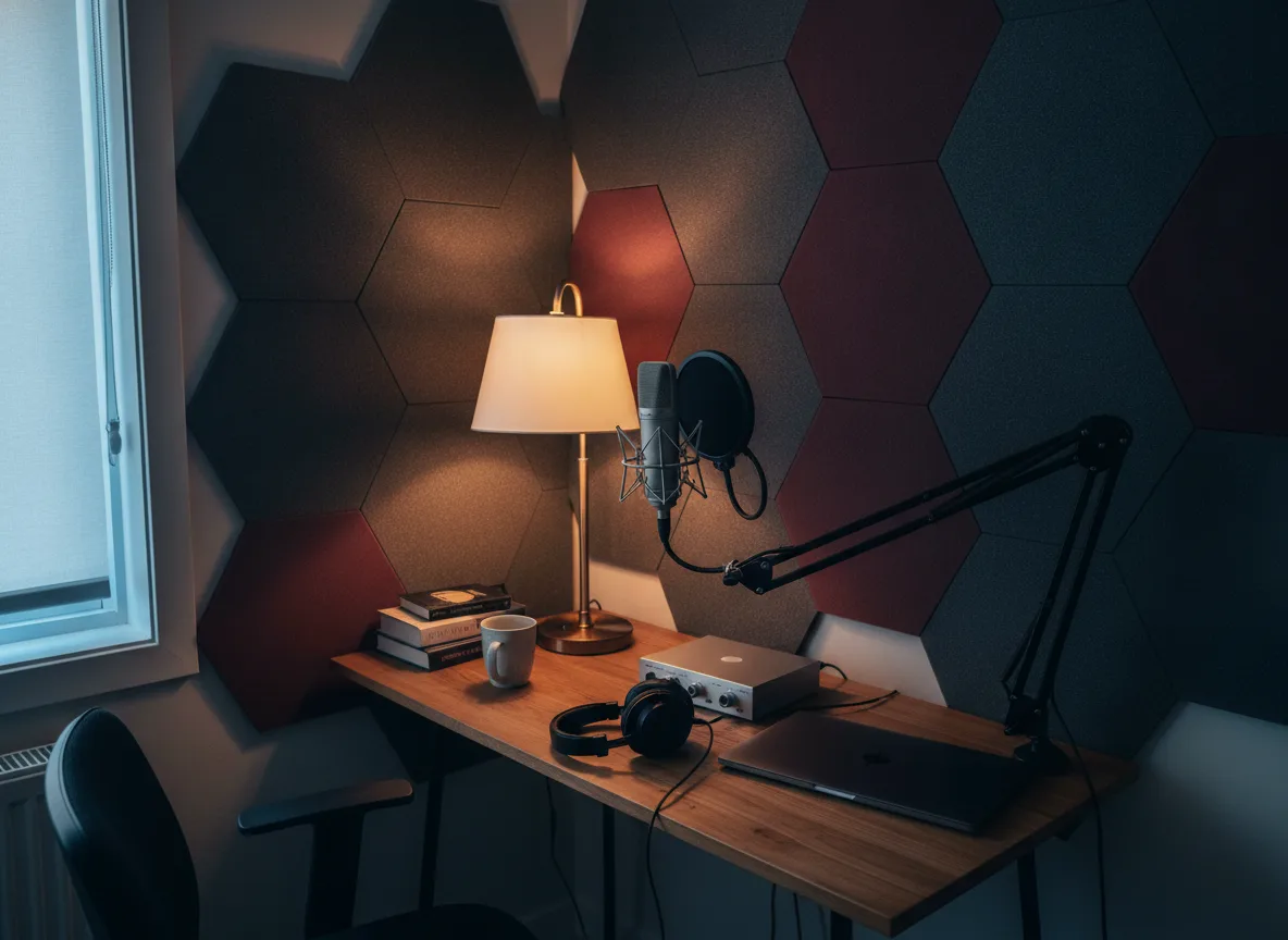 podcast recording corner with microphone and headphones in home office