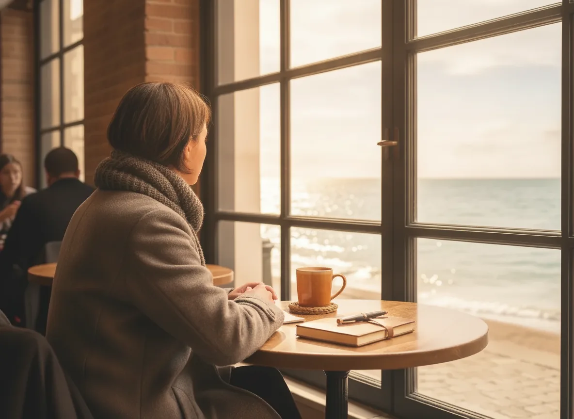 Person an einem Cafefenster überprüft laufende Notizen zum Blog-SEO-Fortschritt