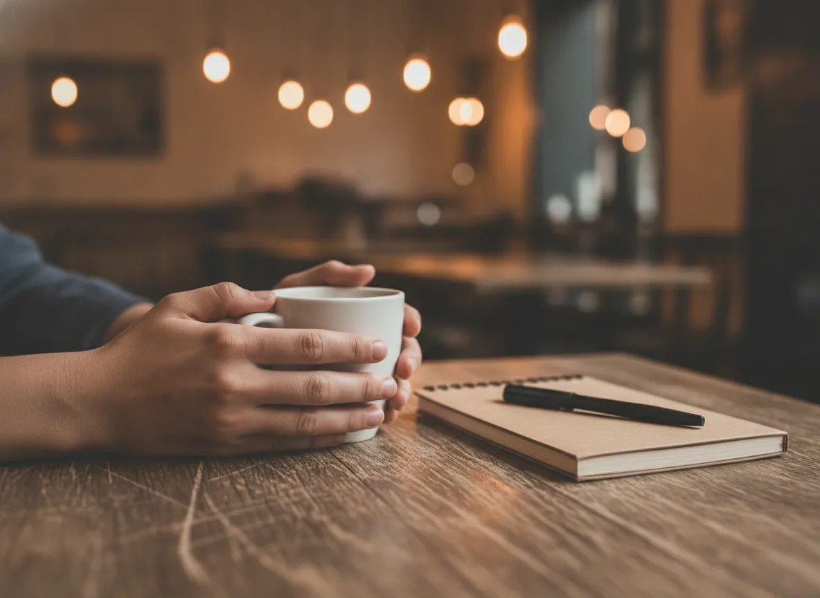 Hände, die eine Kaffeetasse halten, neben einem Notizbuch an einem Cafétisch