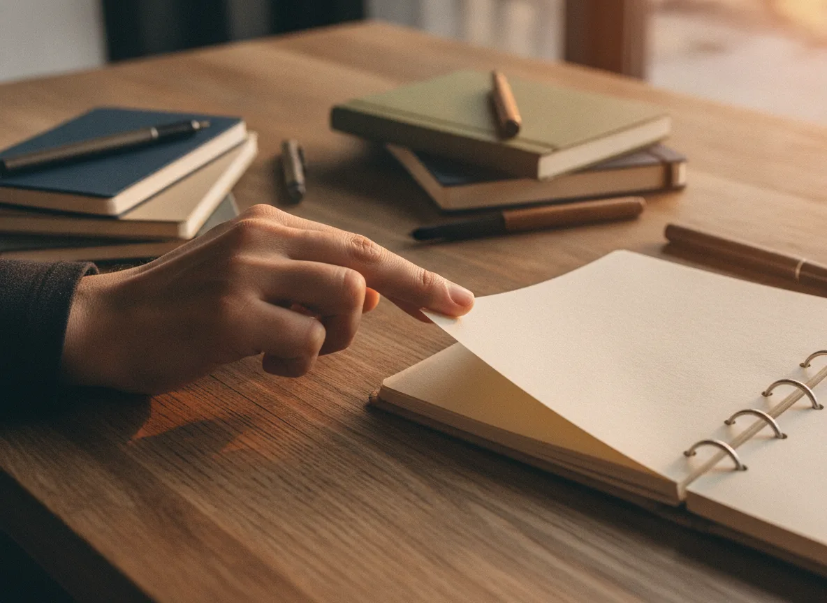 Stacked notebooks and open binder on a wooden table comparing blog platforms
