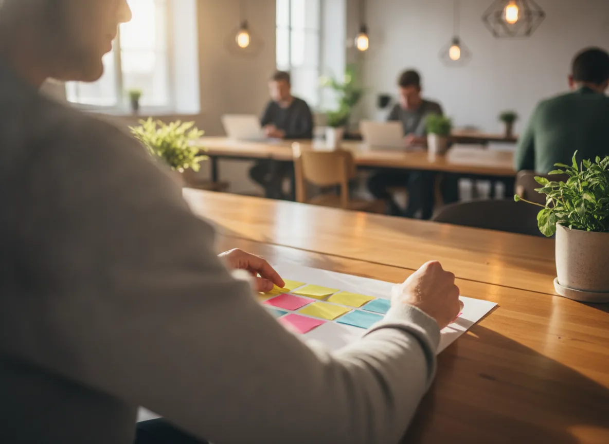 Person arranging sticky notes on a table to match blogging goals and platform choice