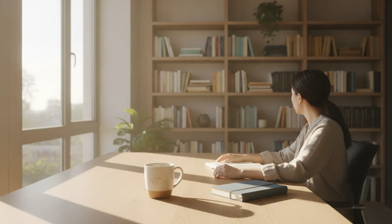 Person at a tidy desk practicing blog SEO optimization with notebook and coffee