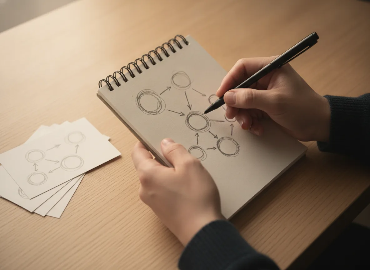 Hands writing keyword research notes in a spiral notepad on a wooden desk