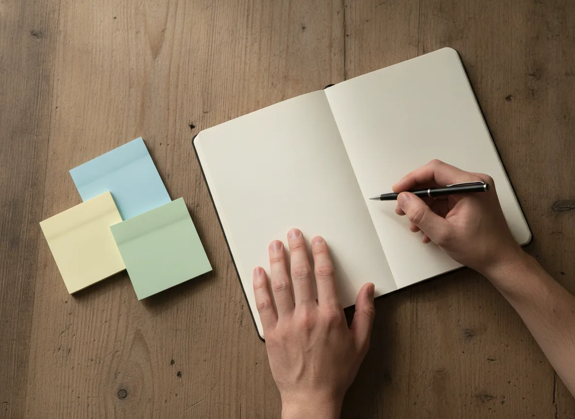 Hände mit Stift und Haftnotizen analysieren Blog-Impressionen und Klickdaten