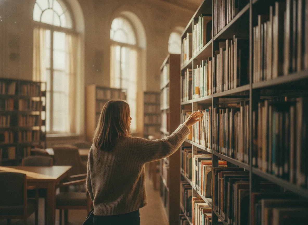 Person, die ein Bücherregal durchsucht und nach Inhalten sucht, die ihren Interessen entsprechen