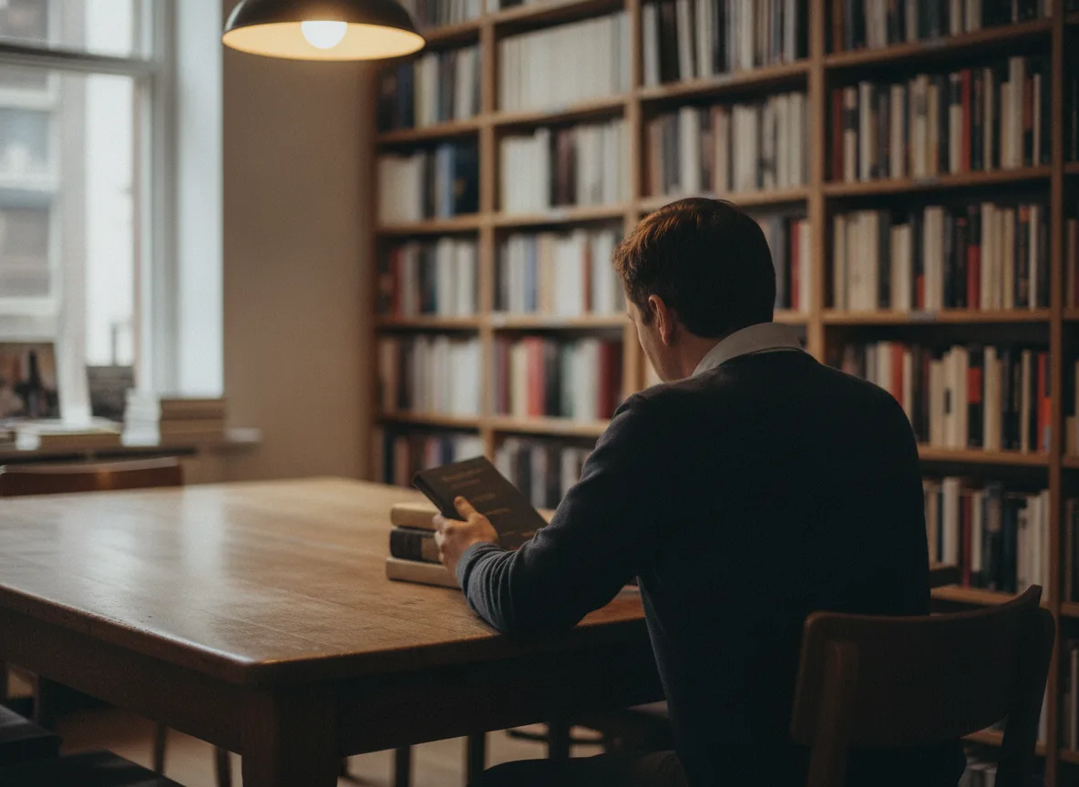 Person, das Bücherregale in einem ruhigen, redaktionellen Raum durchsucht, der Kompetenz und Vertrauen ausstrahlt