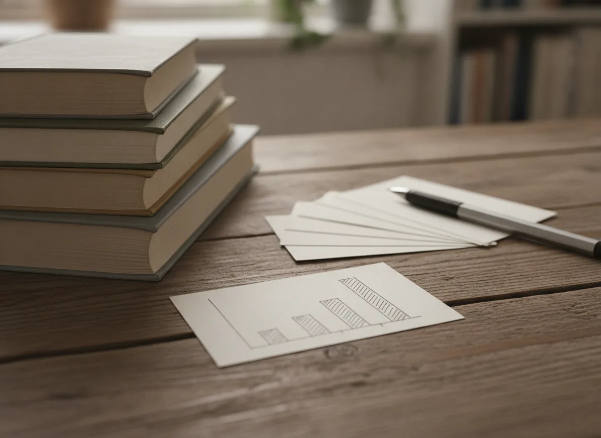 Stacked books and handwritten index cards representing blogging frequency research