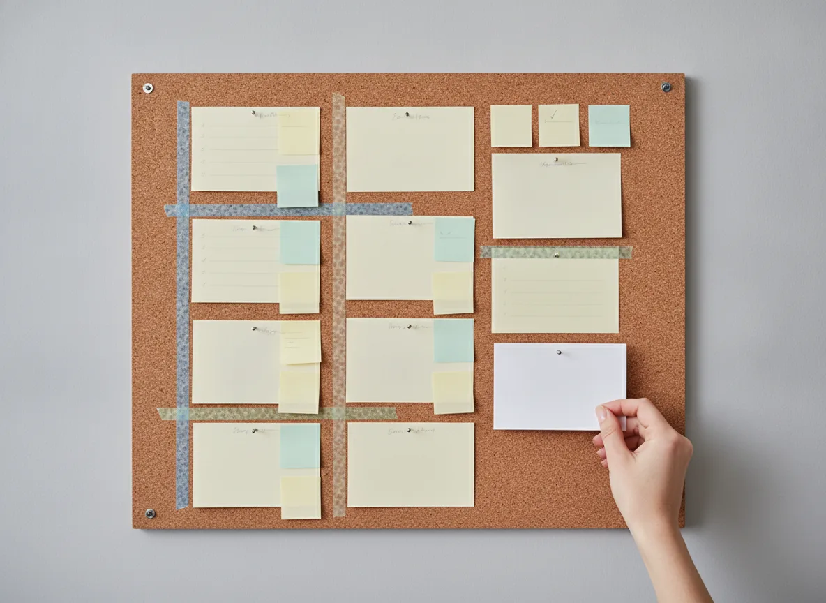 Hand placing index card on cork board content calendar planning layout