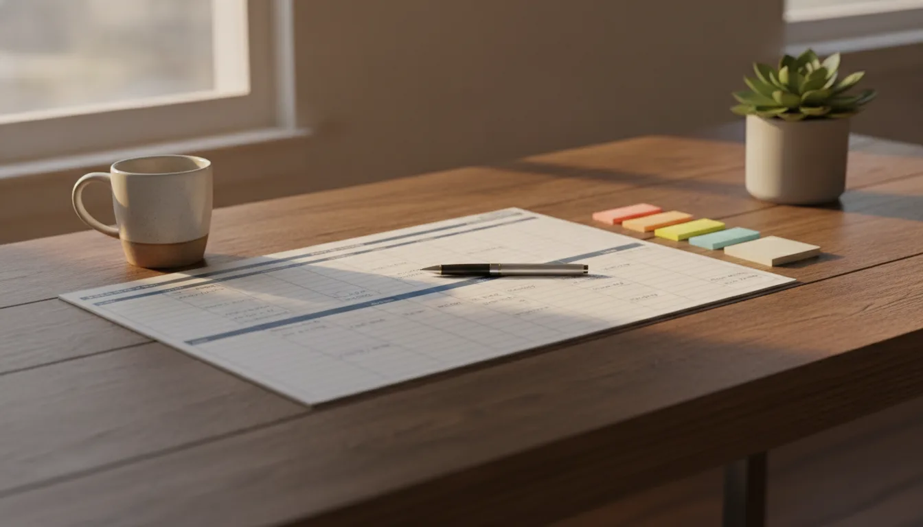 Content calendar bloggers use: paper planner with sticky notes on a wooden desk
